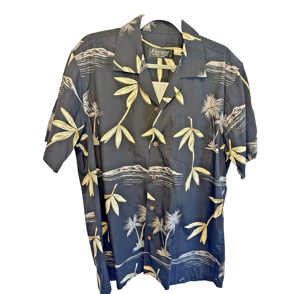 Vintage Hawaiian Shirt Mens Large Black Floral‎ Tropical Beach Palm Tree